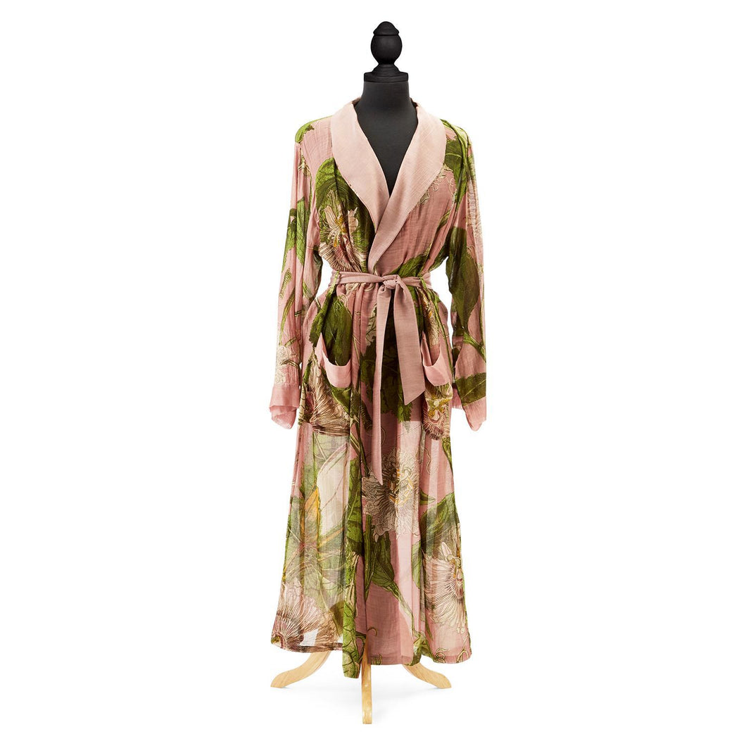 Two's Company Passion Flower Pink Robe Gown with Removable Waist Tie Closure