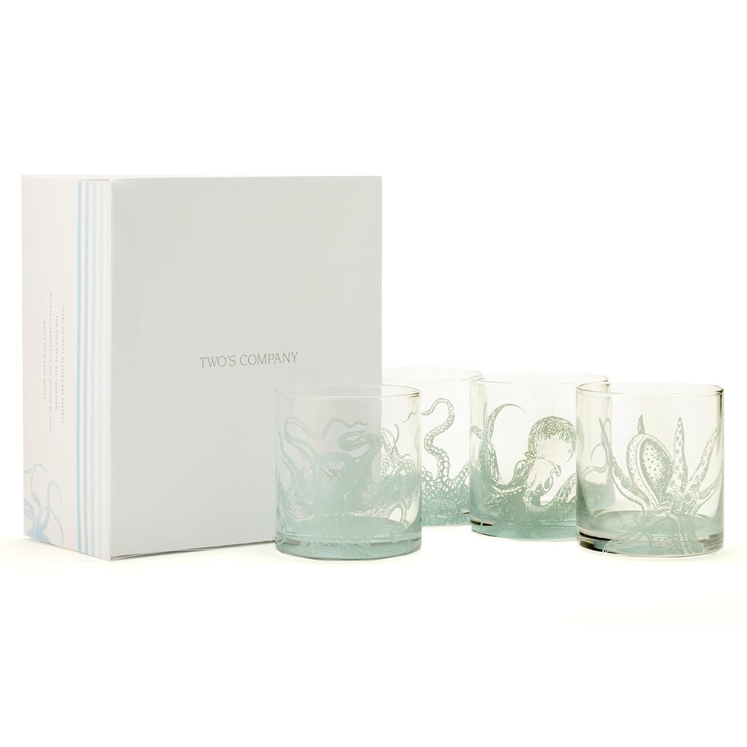 Two's Company Ocean Water Set of 4 Double Old-Fashioned Glasses in Gift Box