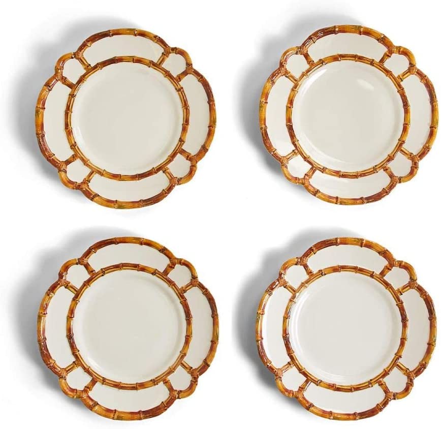 Two's Company Bamboo Touch Set of 4 Dinner Plate with Bamboo Rim