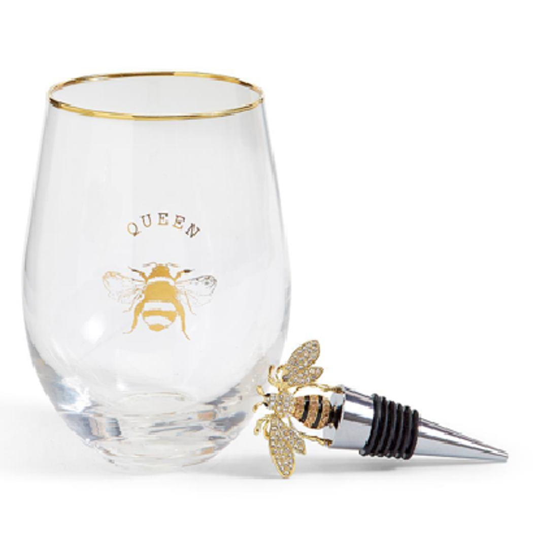 Two's Company Queen Bee Stemless Wine Glass w/ Jeweled Bee Wine Stopper