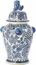 Load image into Gallery viewer, Two&#39;s Company Blue/White Peony Flower Covered Temple Jar With Lion Accents
